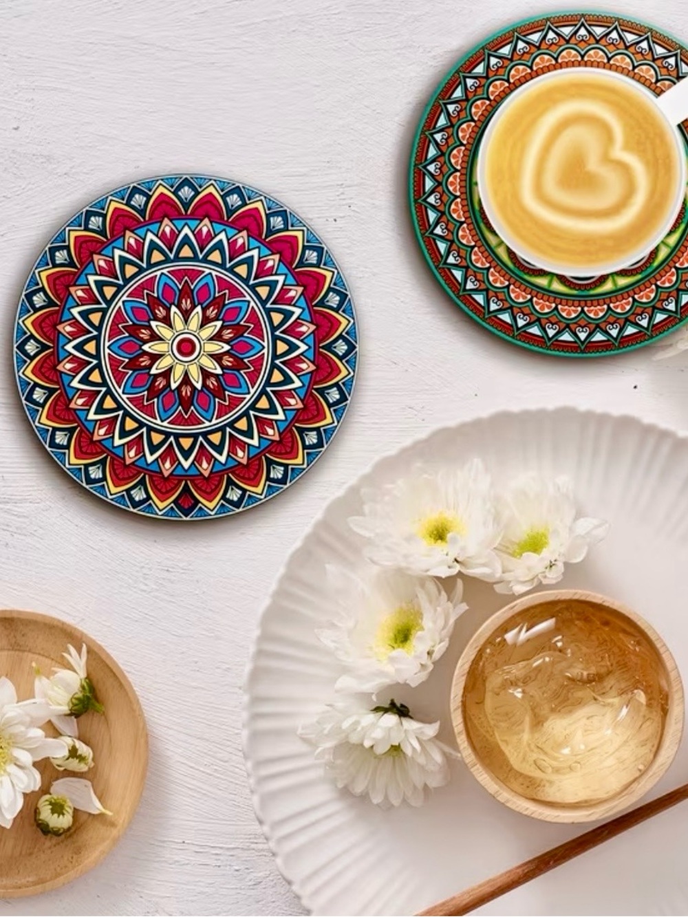 Colorful Mandala Wooden  Coaster Set - Multicolor 8pcs - Picture 5 of 8